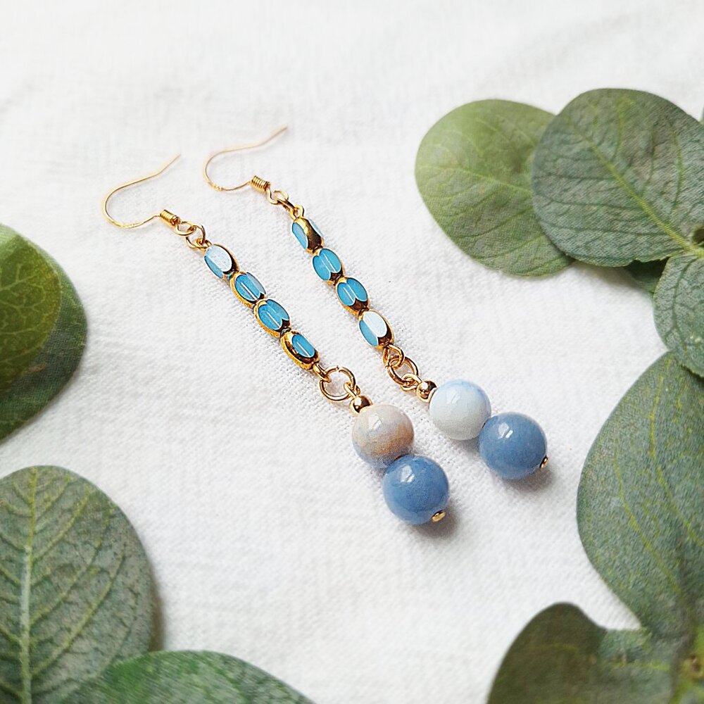 Porcelain & Aventurine Dangle Earrings – Coastal Grandmother, Boho Gold Jewelry - Picture 7 of 9